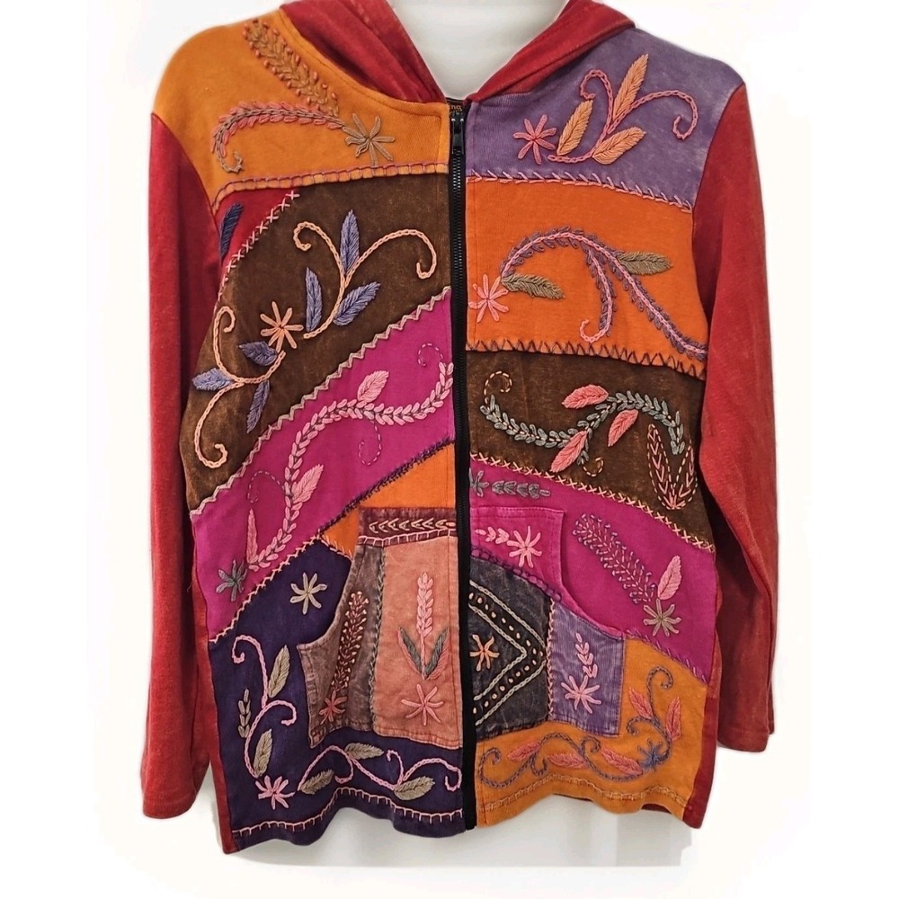 Shabby Chic Fall Vibes Full Zip Hoodie Sz M Embroidered Patchwork Fun Vtg‎ #338